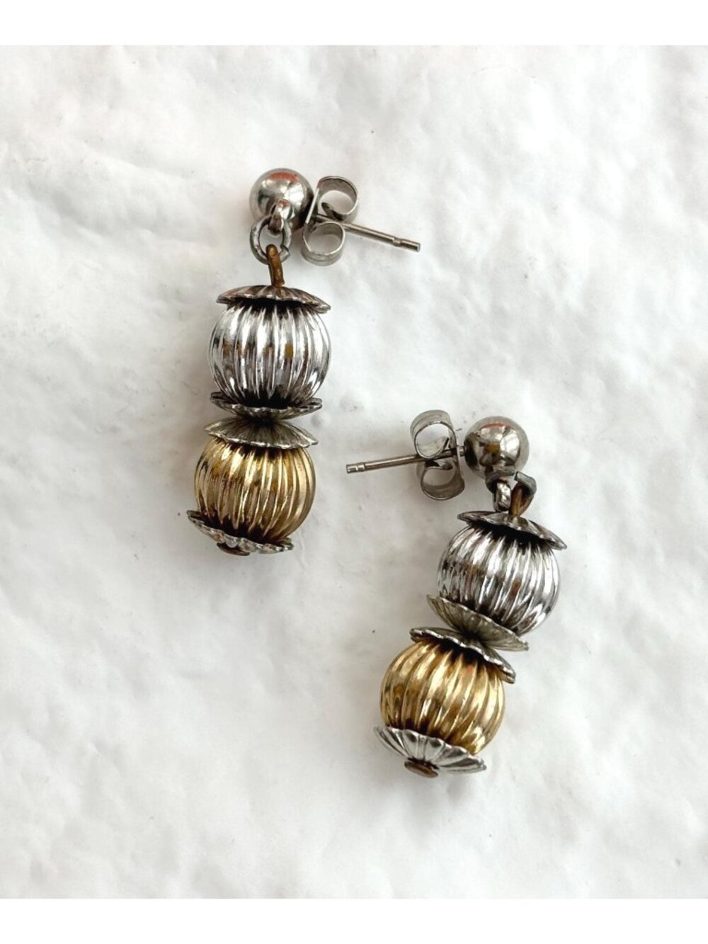 Dual Toned Fluted Double Sphere Vintage Dangle 80's Earrings